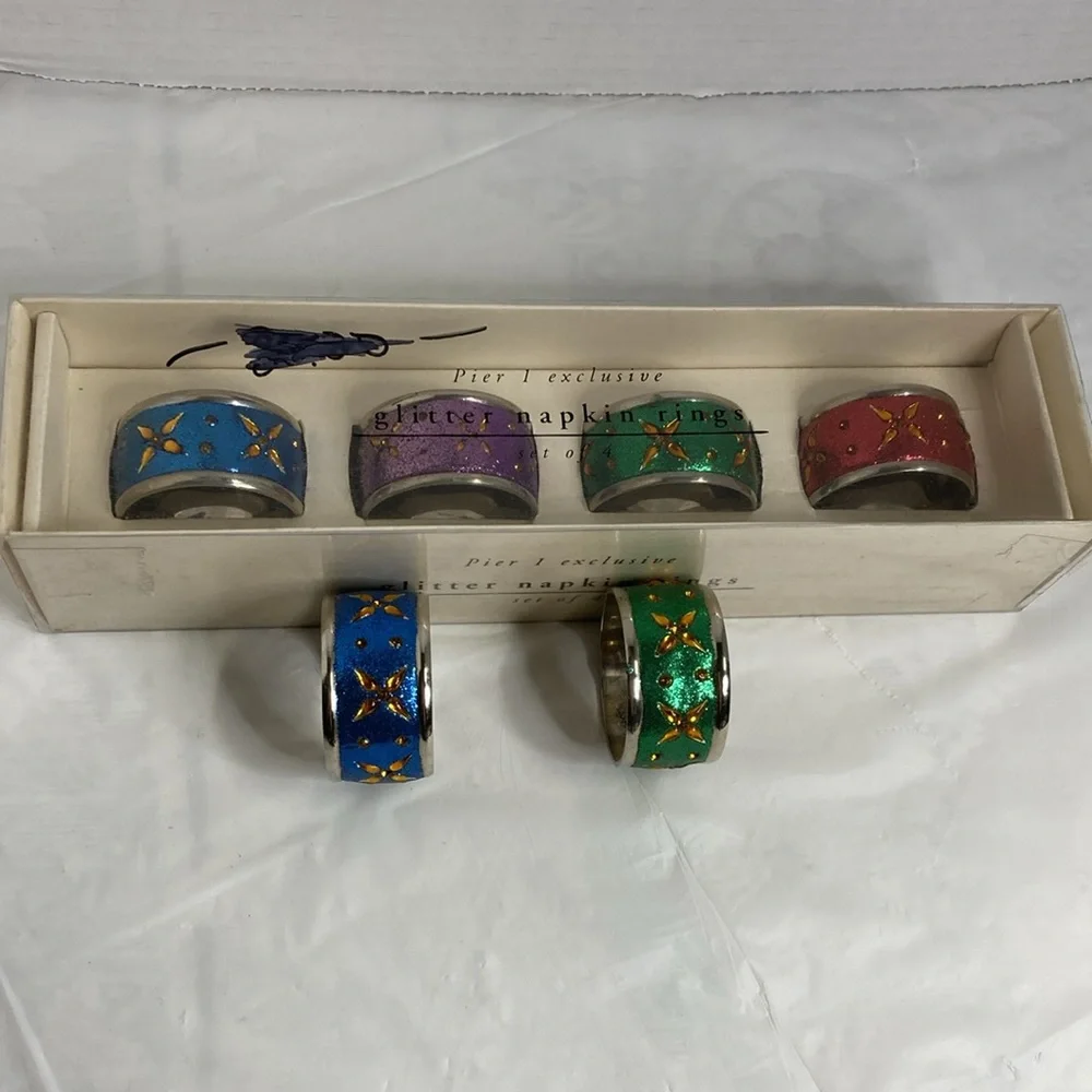Pier 1 Exclusive Glitter Napkin Rings Lot of 6 Nickel Plated Sparkly Jeweled